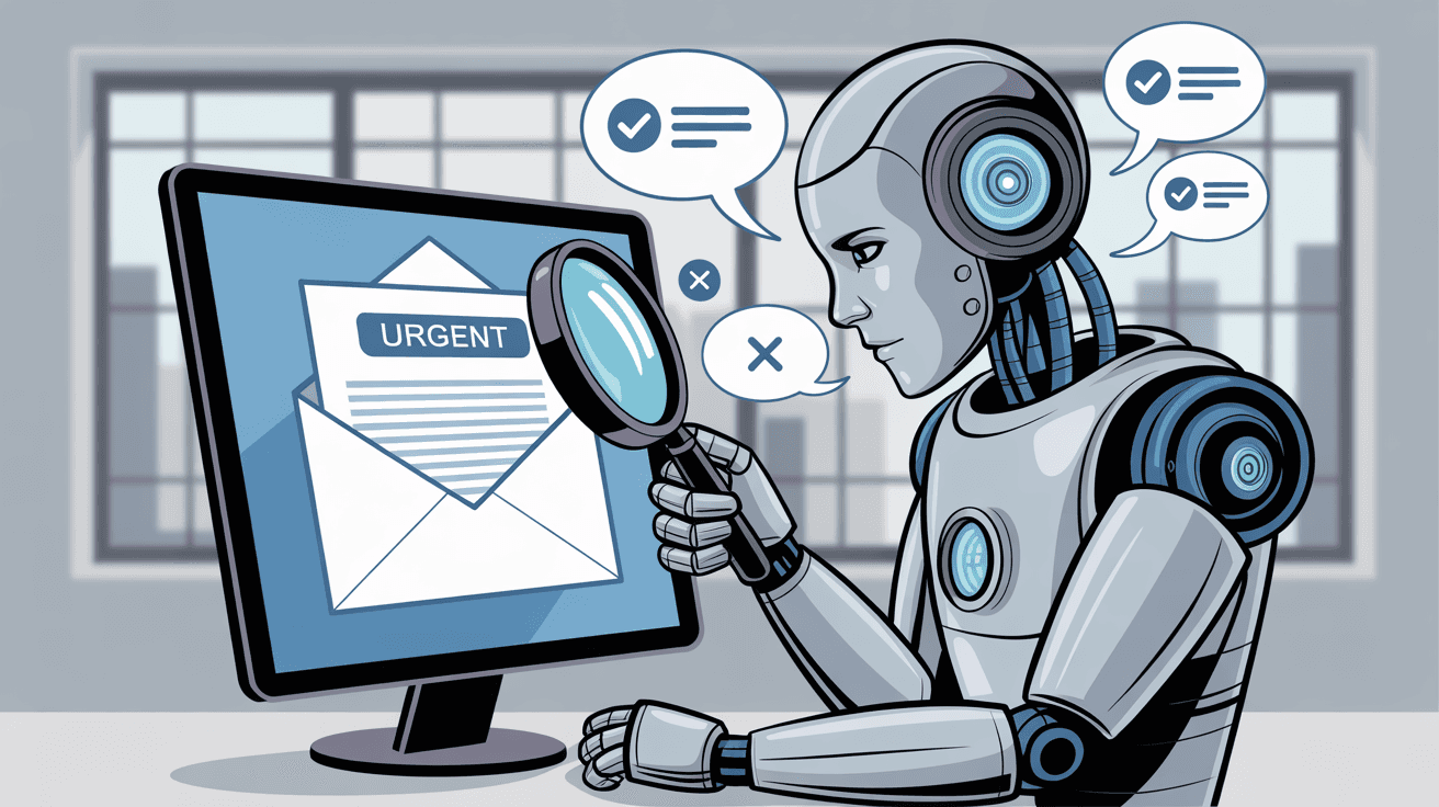 AI robot analyzing email with magnifying glass showing the AI detection process for cold emails
